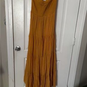 Fashion Nova Mustard Yellow Strapless Smocked Maxi Dress